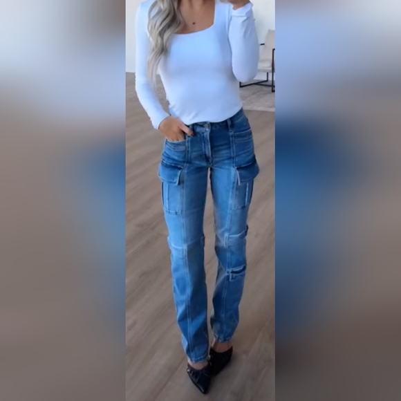 NWT Hidden Brand Tracey Cargo Straight Jeans Dark Medium Wash Size 26 - Picture 5 of 13